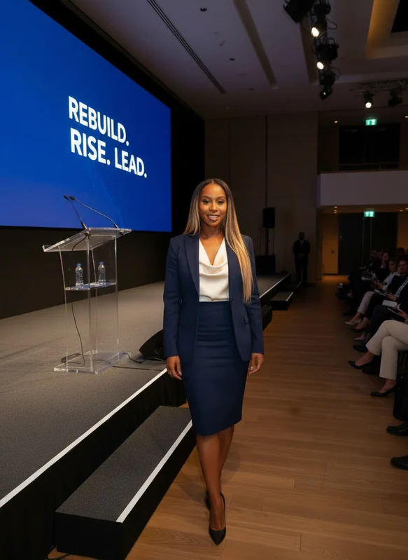 Tamara Ferreira em palco com a mensagem Rebuild, Rise, Lead